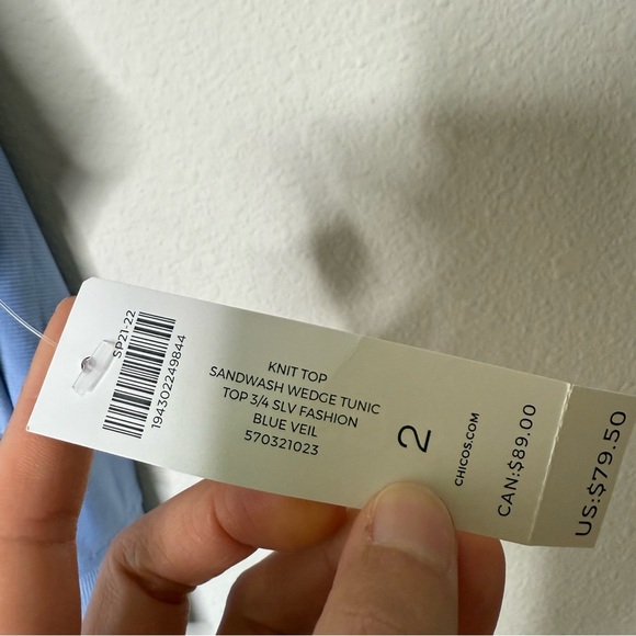 Chico’s Knit Top Sandwash Wedge Tunic Top 3/4 Sleeve Blue Veil Size 2 US SIZE 10 - Picture 8 of 11